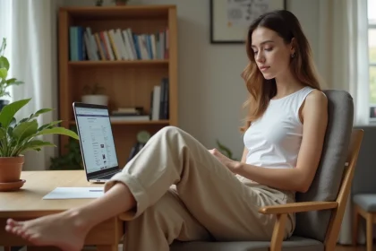 Jeune femme en télétravail gérant plusieurs plateformes de vente de photos de pieds depuis son bureau à domicile