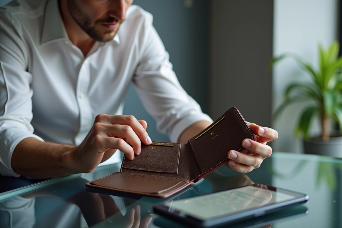 Homme utilisant une loupe pour examiner le numéro de série d'un portefeuille Louis Vuitton