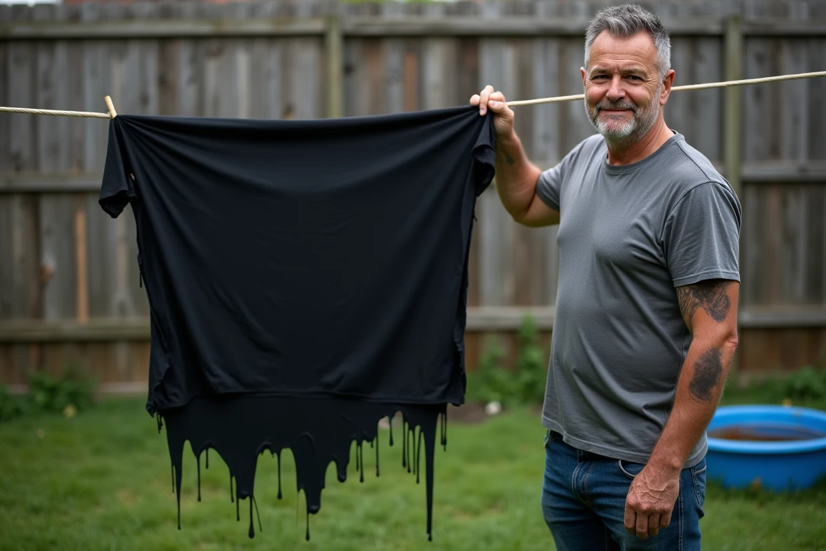 Homme accrochant un vêtement fraîchement teint en noir sur un fil à linge dans un jardin