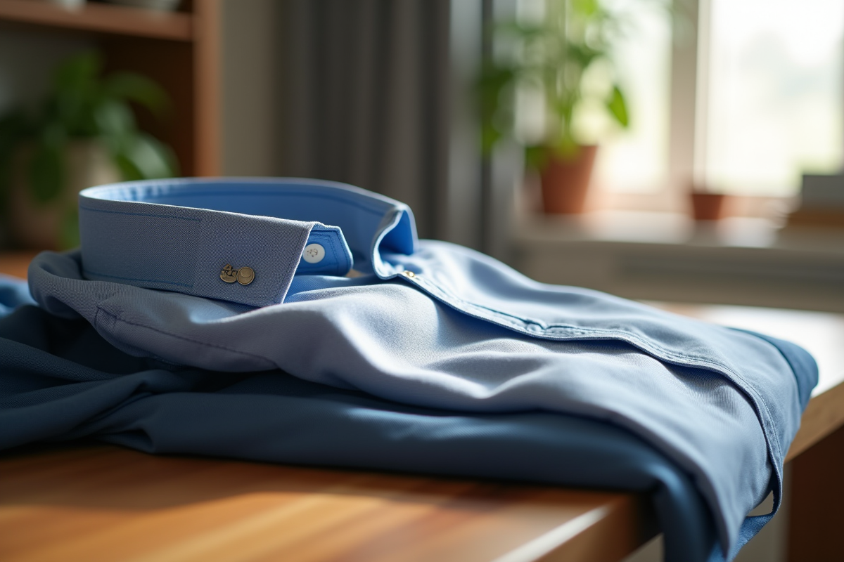 Chemises et pantalons pliés sur une table en bois