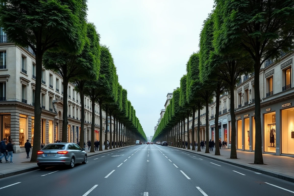 Vue grand angle de l'Avenue Montaigne à Paris, boulevard emblématique avec rangées d'arbres, façades de maisons de couture et perspective symétrique